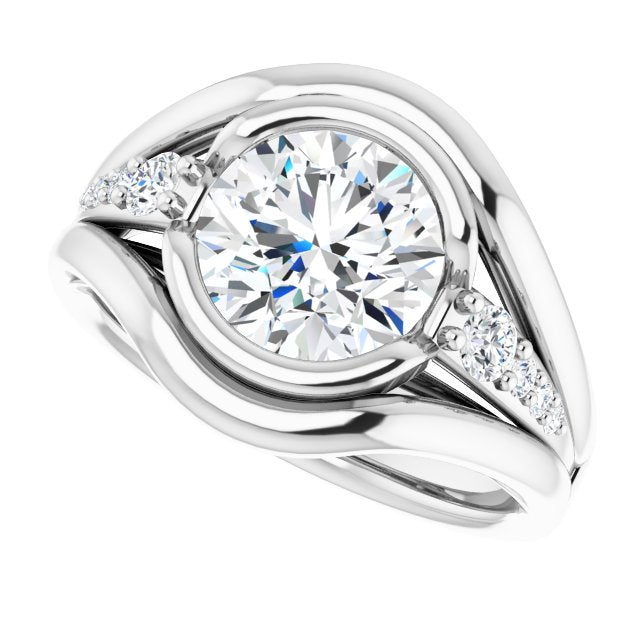 Cubic Zirconia Engagement Ring- The Naira (Customizable 9-stone Round Cut Design with Bezel Center, Wide Band and Round Prong Side Stones)