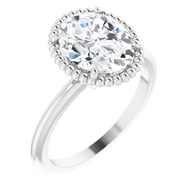 10K White Gold Customizable Oval Cut Solitaire with Beaded Metallic Milgrain