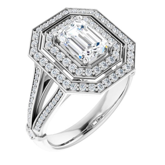 10K White Gold Customizable Cathedral-set Emerald/Radiant Cut Design with Double Halo, Wide Split-Shared Prong Band and Side Knuckle Accents