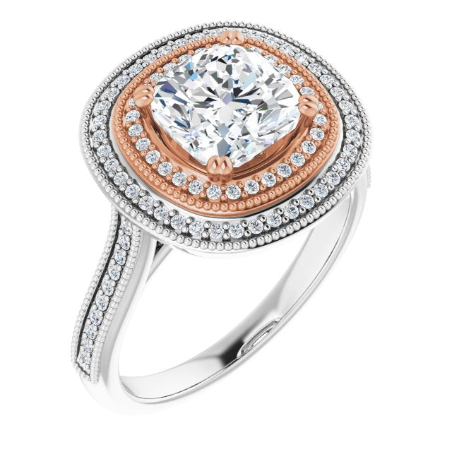 14K White & Rose Gold Customizable Cushion Cut Design with Elegant Double Halo, Houndstooth Milgrain and Band-Channel Accents