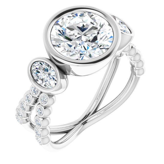 18K White Gold Customizable Bezel-set Round Cut Design with Dual Bezel-Oval Accents and Round-Bezel Accented Split Band