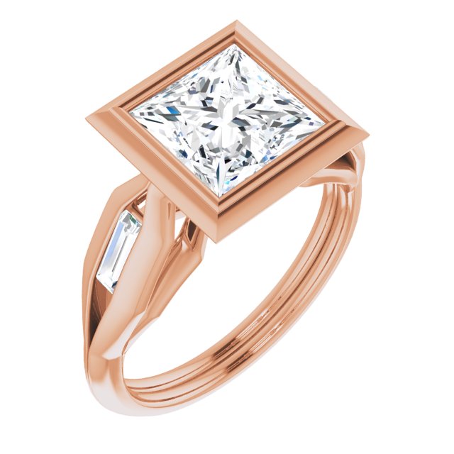 Cubic Zirconia Engagement Ring- The Claudelle (Customizable Bezel-set Princess/Square Cut Design with Wide Split Band & Tension-Channel Baguette Accents)