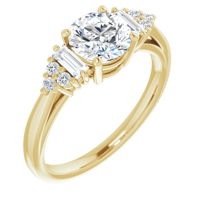 10K Yellow Gold Customizable 9-stone Design with Round Cut Center, Side Baguettes and Tri-Cluster Round Accents