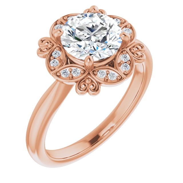 10K Rose Gold Customizable Round Cut Design with Floral Segmented Halo & Sculptural Basket