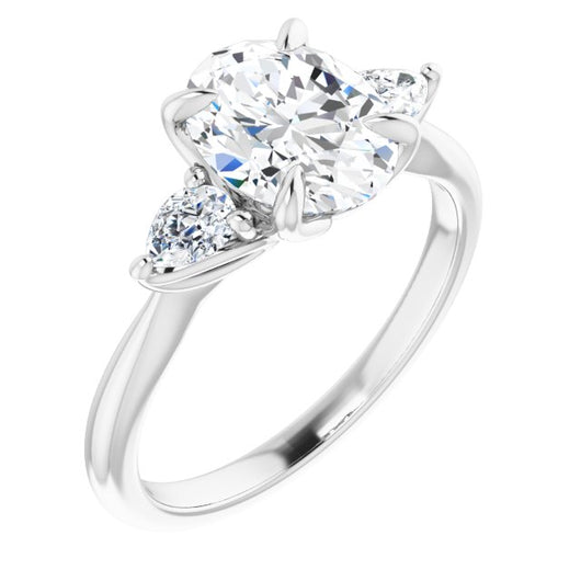 10K White Gold Customizable 3-stone Design with Oval Cut Center and Dual Large Pear Side Stones