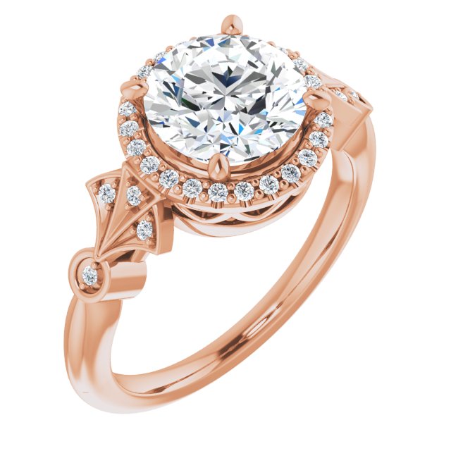 14K Rose Gold Customizable Cathedral-Crown Round Cut Design with Halo and Scalloped Side Stones