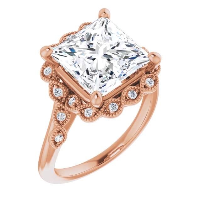 10K Rose Gold Customizable 3-stone Design with Princess/Square Cut Center and Halo Enhancement
