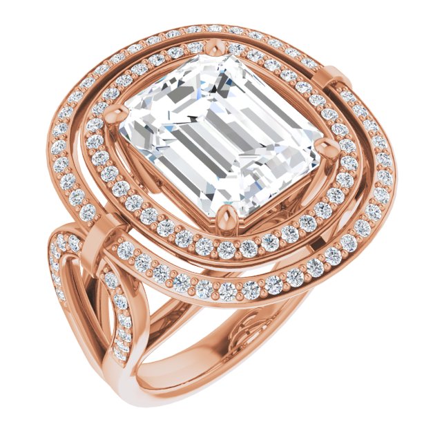 10K Rose Gold Customizable Cathedral-set Emerald/Radiant Cut Design with Double Halo & Accented Ultra-wide Horseshoe-inspired Split Band
