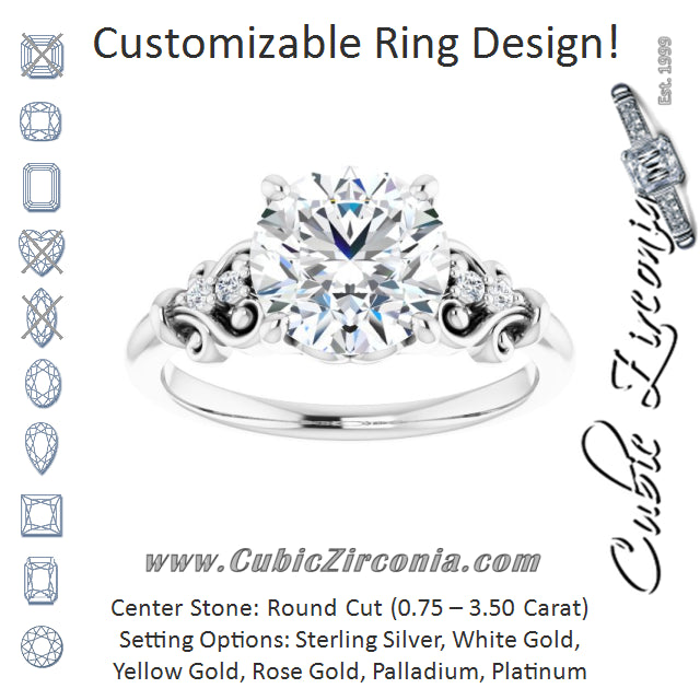 Cubic Zirconia Engagement Ring- The Amice (Customizable Vintage 5-stone Design with Round Cut Center and Artistic Band Décor)