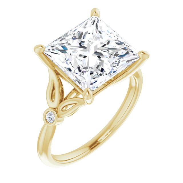 10K Yellow Gold Customizable 3-stone Princess/Square Cut Design with Thin Band and Twin Round Bezel Side Stones