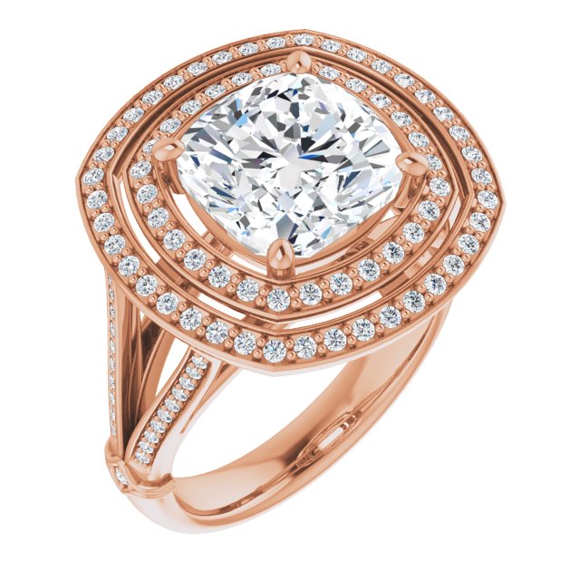 10K Rose Gold Customizable Cathedral-set Cushion Cut Design with Double Halo, Wide Split-Shared Prong Band and Side Knuckle Accents