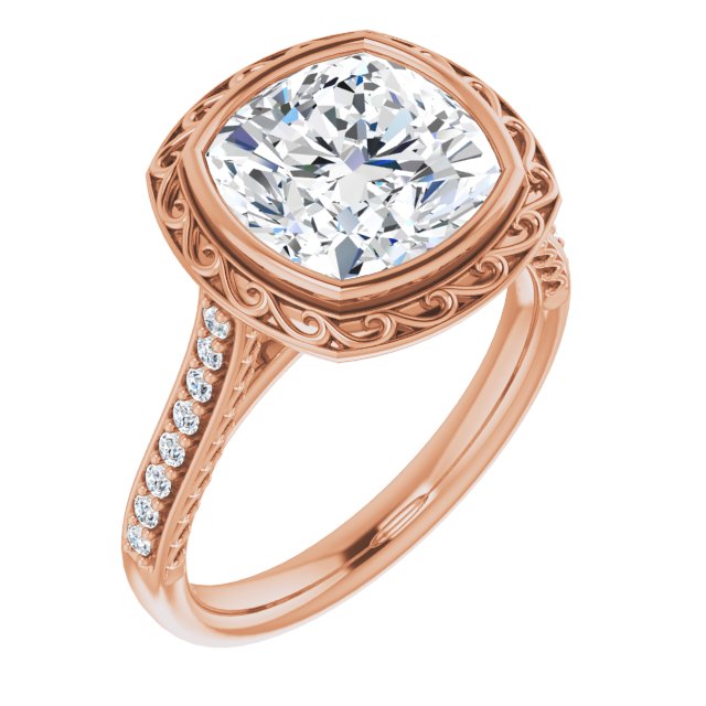 10K Rose Gold Customizable Cathedral-Bezel Cushion Cut Design featuring Accented Band with Filigree Inlay