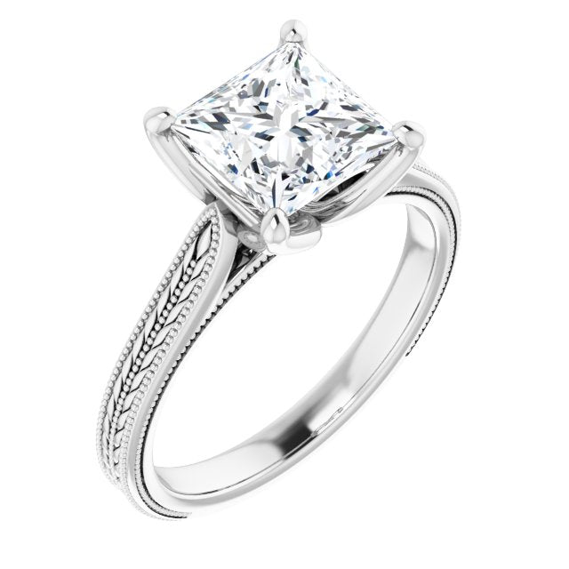 10K White Gold Customizable Princess/Square Cut Solitaire with Wheat-inspired Band 