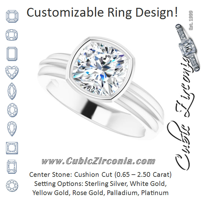 Cubic Zirconia Engagement Ring- The Aretha (Customizable Bezel-set Cushion Cut Solitaire with Grooved Band)