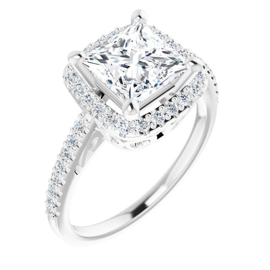 10K White Gold Customizable Cathedral-Crown Princess/Square Cut Design with Halo and Accented Band