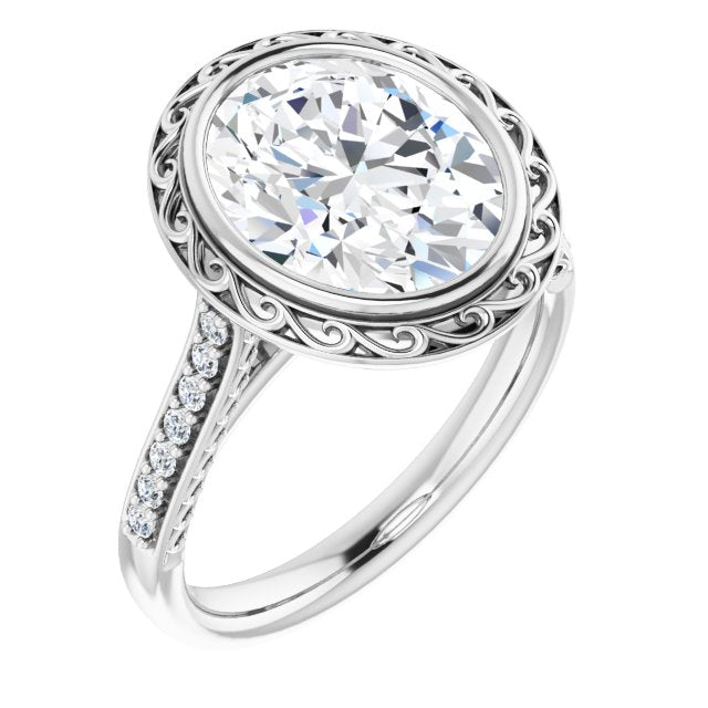 10K White Gold Customizable Cathedral-Bezel Oval Cut Design featuring Accented Band with Filigree Inlay