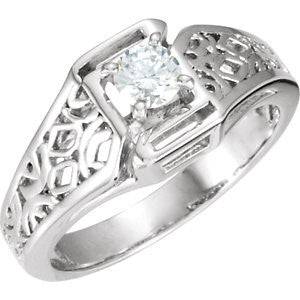 Cubic Zirconia Engagement Ring- The Tia (0.25 CT Round Cathedral-Set Solitaire with Wide Geometric-inspired Band)