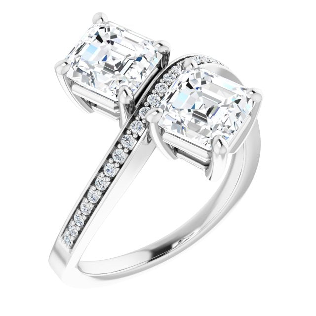 10K White Gold Customizable 2-stone Asscher Cut Bypass Design with Thin Twisting Shared Prong Band