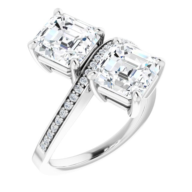 Cubic Zirconia Engagement Ring- The Ellie (Customizable 2-stone Asscher Cut Bypass Design with Thin Twisting Shared Prong Band)