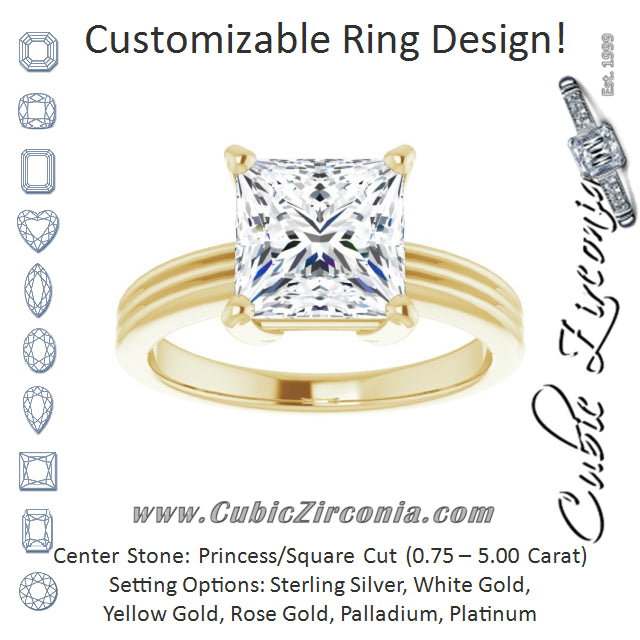 Cubic Zirconia Engagement Ring- The Davina (Customizable Princess/Square Cut Solitaire with Double-Grooved Band)