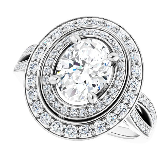 Cubic Zirconia Engagement Ring- The Henrika (Customizable Cathedral-style Oval Cut Design with Double Halo & Split-Pavé Band)
