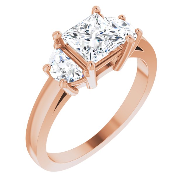 10K Rose Gold Customizable 3-stone Design with Princess/Square Cut Center and Half-moon Side Stones