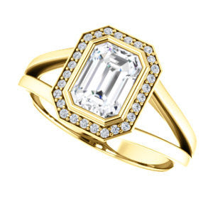 Cubic Zirconia Engagement Ring- The Blondie (Customizable Bezel-set Cathedral-style Radiant Cut with Halo Style and V-Split Band)