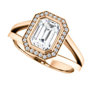 Cubic Zirconia Engagement Ring- The Blondie (Customizable Bezel-set Cathedral-style Emerald Cut with Halo Style and V-Split Band)