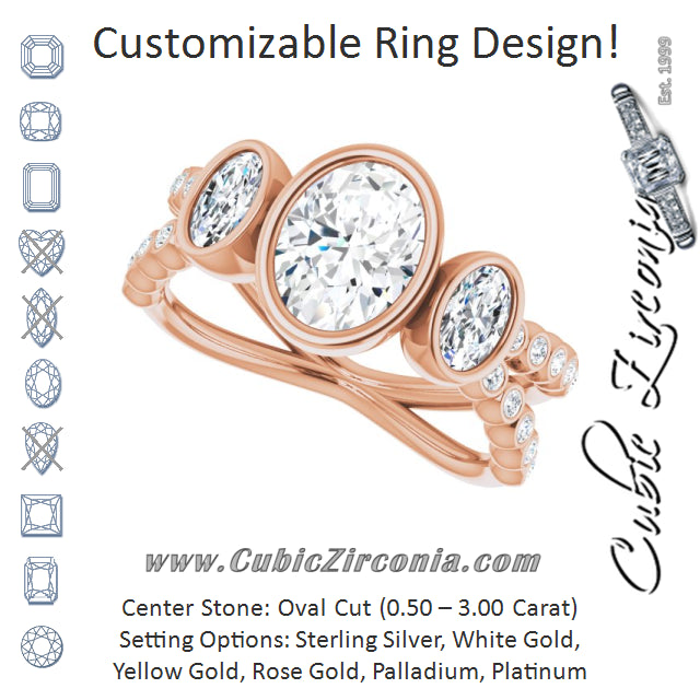 Cubic Zirconia Engagement Ring- The Tamanna (Customizable Bezel-set Oval Cut Design with Dual Bezel-Oval Accents and Round-Bezel Accented Split Band)