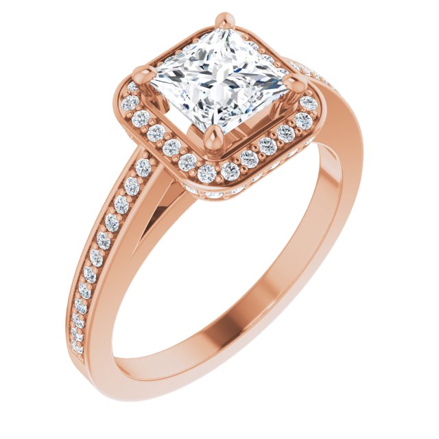 10K Rose Gold Customizable Cathedral-set Princess/Square Cut Design with Halo, Thin Pavé Band & Round-Bezel Peekaboos