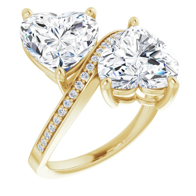 10K Yellow Gold Customizable 2-stone Heart Cut Bypass Design with Thin Twisting Shared Prong Band