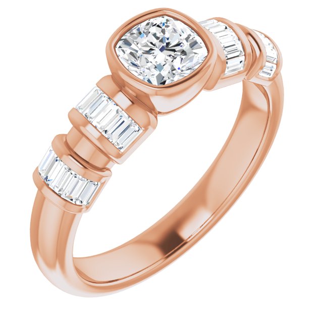 10K Rose Gold Customizable Bezel-set Cushion Cut Design with Quad Horizontal Band Sleeves of Baguette Accents