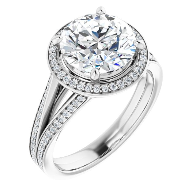 Platinum Customizable Round Cut Design with Split-Band Shared Prong & Halo
