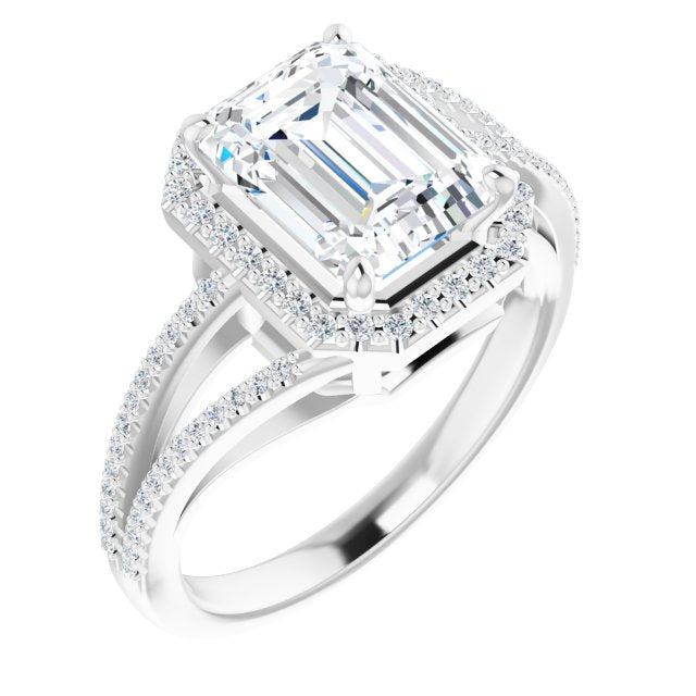 10K White Gold Customizable Emerald/Radiant Cut Vintage Design with Halo Style and Asymmetrical Split-Pavé Band