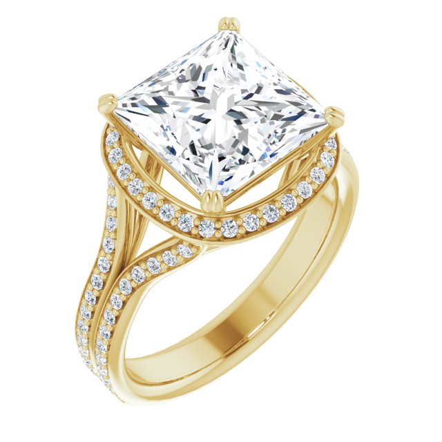 10K Yellow Gold Customizable Cathedral-set Princess/Square Cut Style with Split-Pav? Band