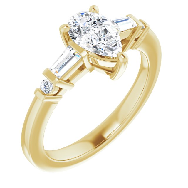 10K Yellow Gold Customizable 5-stone Baguette+Round-Accented Pear Cut Design)