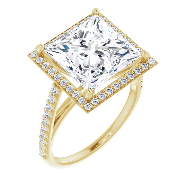 10K Yellow Gold Customizable Princess/Square Cut Design with Halo and Thin Pavé Band