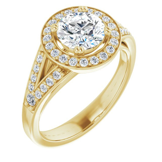 10K Yellow Gold Customizable Cathedral-set Round Cut Style with Accented Split Band and Halo