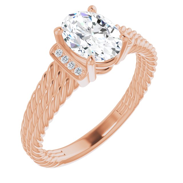 Cubic Zirconia Engagement Ring- The Junio (Customizable 11-stone Design featuring Oval Cut Center, Vertical Round-Channel Accents & Wide Triple-Rope Band)