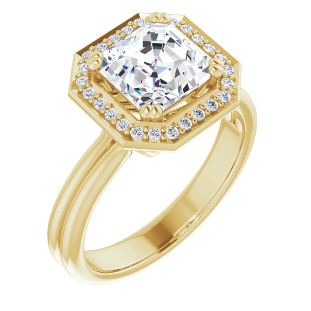 Cubic Zirconia Engagement Ring- The Jeanine Marie (Customizable Asscher Cut Style with Scooped Halo and Grooved Band)