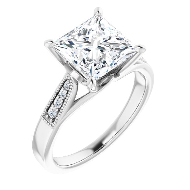 10K White Gold Customizable 9-stone Vintage Design with Princess/Square Cut Center and Round Band Accents