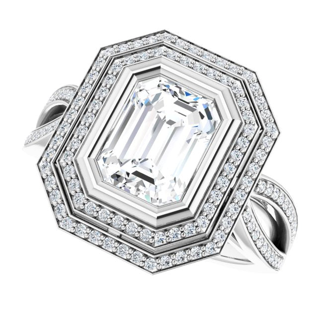Cubic Zirconia Engagement Ring- The Eliana (Customizable Bezel-set Emerald Cut Style with Double Halo and Split Shared Prong Band)