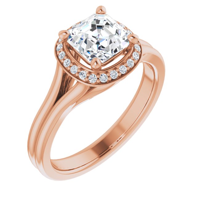 10K Rose Gold Customizable Cathedral-set Asscher Cut Design with Split-band & Halo Accents