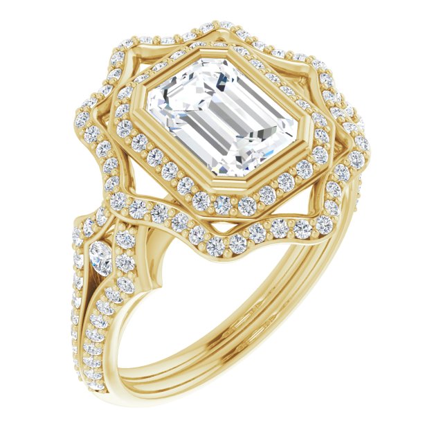 14K Yellow Gold Customizable Emerald/Radiant Cut Style with Ultra-wide Pavé Split-Band and Nature-Inspired Double Halo