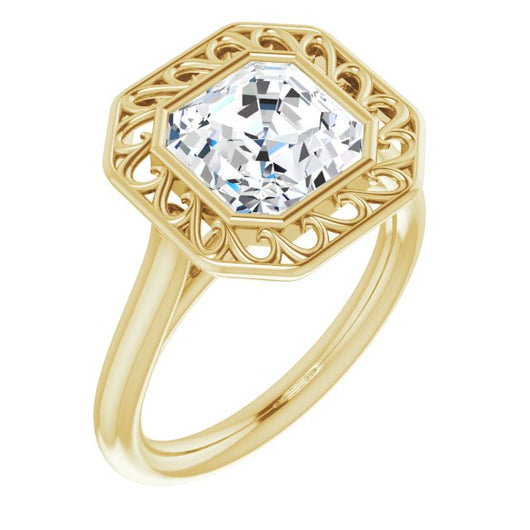 10K Yellow Gold Customizable Cathedral-Bezel Style Asscher Cut Solitaire with Flowery Filigree