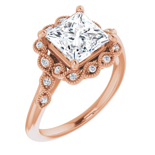 10K Rose Gold Customizable 3-stone Design with Princess/Square Cut Center and Halo Enhancement