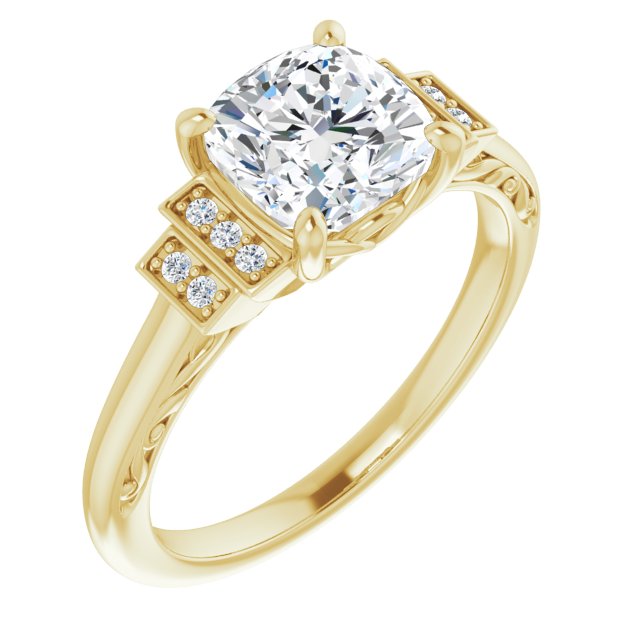 Cubic Zirconia Engagement Ring- The Brynhild (Customizable Engraved Design with Cushion Cut Center and Perpendicular Band Accents)