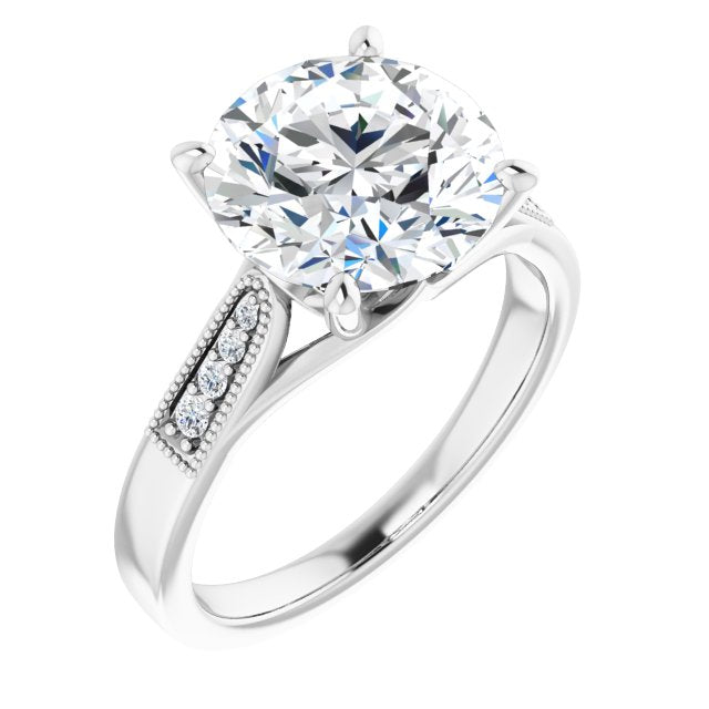 10K White Gold Customizable 9-stone Vintage Design with Round Cut Center and Round Band Accents
