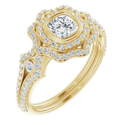 10K Yellow Gold Customizable Cushion Cut Style with Ultra-wide Pavé Split-Band and Nature-Inspired Double Halo