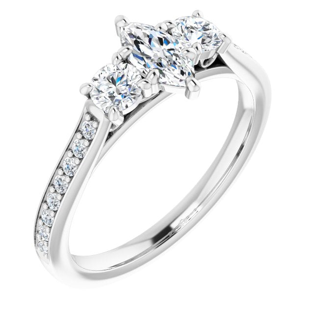 10K White Gold Customizable Marquise Cut Cathedral Setting with Filigree Design and Shared Prong Band